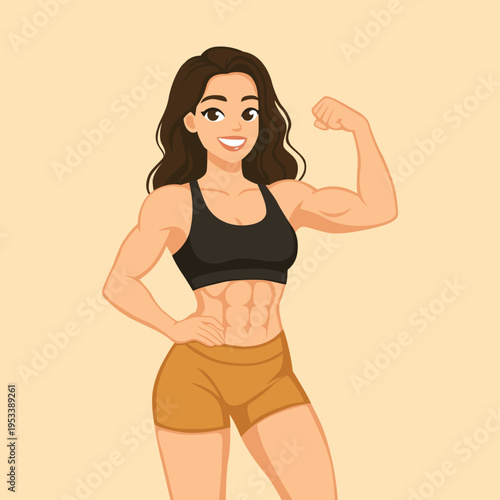 A strong and empowered cartoon woman proudly showcases her impressive muscular physique and defined abdominal muscles, demonstrating her unwavering dedication to fitness and a vibrant, healthy lifesty