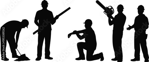 Silhouettes of construction workers with tools and safety helmets on white background labor