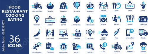 Huge set of 36 solid icons. part 3. collection concept of food, restaurant, kitchen, cooking and eating. Vector illustration.
