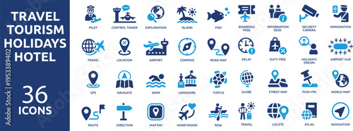 set of 36 solid icons. part 5. collection concept of Travel, Hotel, Holidays, Vacation and Tourism. Vector illustration.