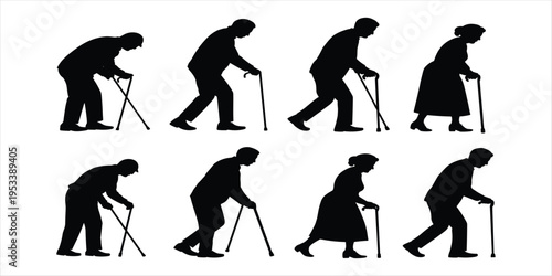 Silhouettes of elderly people walking with canes, showing progression of age old person