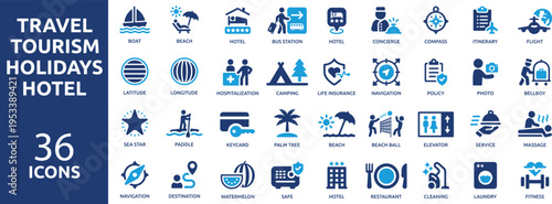 set of 36 solid icons. part 4. collection concept of Travel, Hotel, Holidays, Vacation and Tourism. Vector illustration.