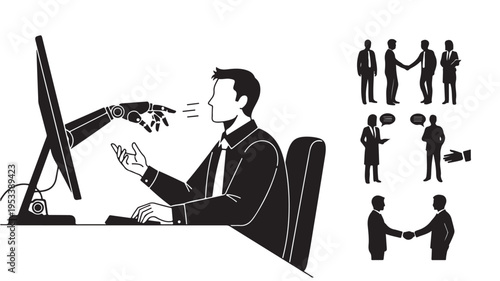 Vector illustration of businessperson interacting with AI on computer, handshake and teamwork icons