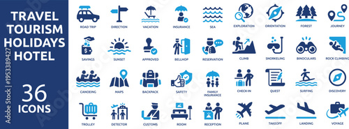 set of 36 solid icons. part 3. collection concept of Travel, Hotel, Holidays, Vacation and Tourism. Vector illustration.