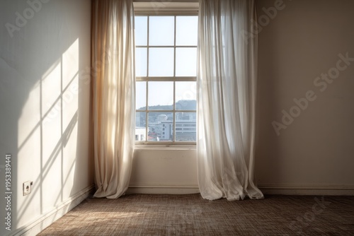 Sunlight streams through sheer curtains onto a wall and carpeted floor.