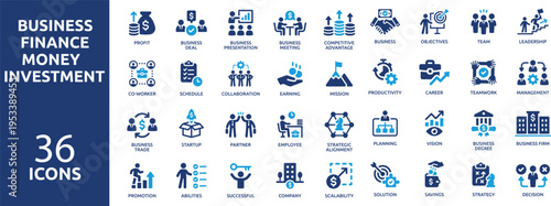 set of 36 solid icons. part 1. collection concept of business, finance, money, investment, accounting. Vector illustration.