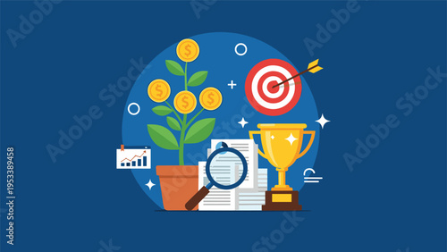 Business success concept illustration featuring a money tree, target with an arrow, gold trophy, magnifying glass, and financial reports.