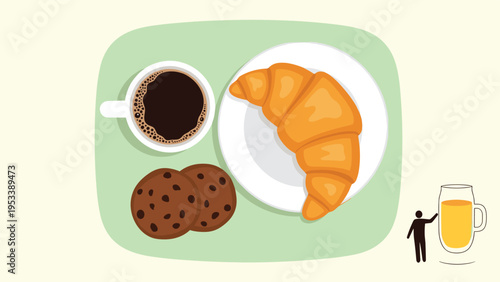 Morning breakfast tray featuring a warm croissant, two chocolate chip cookies, and a cup of black coffee on a light green background.