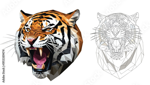 Creative low poly tiger head design presented alongside its geometric wireframe structure to showcase modern digital art and 3d modeling.