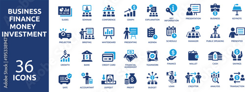 set of 36 solid icons. part 2. collection concept of business, finance, money, investment, accounting. Vector illustration.