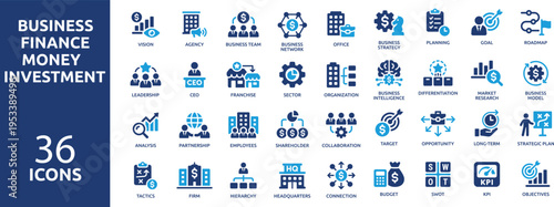 set of 36 solid icons. part 3. collection concept of business, finance, money, investment, accounting. Vector illustration.