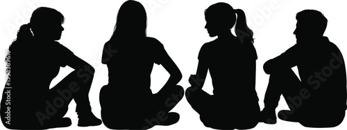 Silhouettes of Four People Sitting Cross- Legged Facing Each Other on White Background cross-legged group