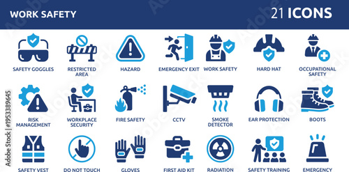 Work safety 21 icon set. Containing hard hat, risk management, first aid kit, ear protection, workplace security, CCTV, regulation, safety training, hazard and more