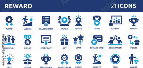 Reward 21 icon set. Containing award, prize, medal, gift, trophy, badge, points, achievement, certificate and more.