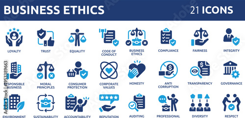 Business ethics 21 icon set. Compliance, fairness, integrity, loyalty, trust, equality, code of conduct, honesty, anti corruption, transparency.
