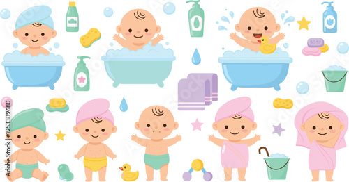 Cute Baby Bath Time Characters Set with Bathtub, Soap, Shampoo, Towels, and Adorable Infants Cleaning Routine Illustrations for Parenting, Hygiene, and Childcare Designs.