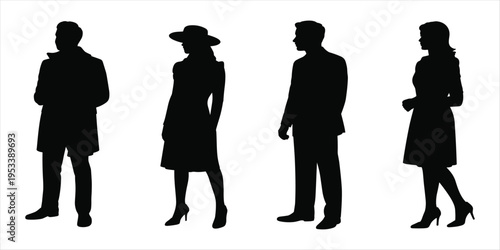 Silhouettes of four stylish people in formal attire on a white background woman