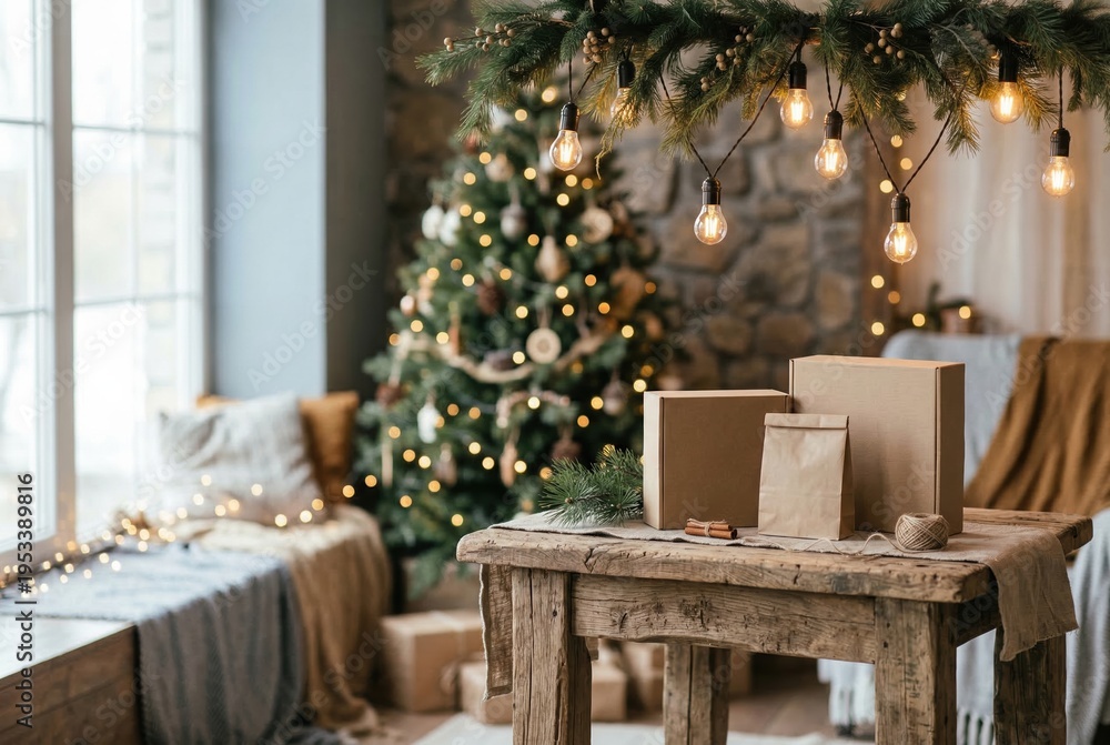 Obraz premium Blank cardboard boxes on a rustic wooden table with glowing light bulbs and a Christmas tree for product showcase mockup in a cozy festive living room interior
