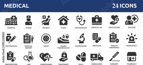Medical 24 icon set. Containing doctor, medicine, hospital, treatment, healthcare, nurse, pills, clinic and more.