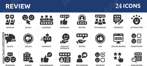 Review 24 icon set. Containing feedback, rating, testimonial, satisfaction, comment, opinion, like, customer, recommend and more. Solid vector icons