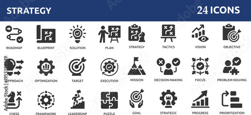 Strategy 24 icon set. Containing goal, tactics, vision, plan, objective, roadmap, problem-solving, mission, solution and execution. Solid vector icons