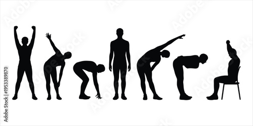 Silhouettes of people performing various stretching exercises and standing on a white background vector