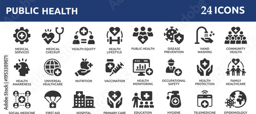 Public health 24 icon set. Containing community health, disease prevention, health protection, medical services, health awareness, hygiene, handwashing and more. Solid vector icons