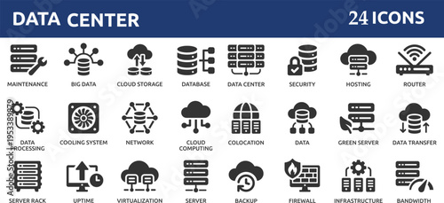 Data center 24 icon set. Containing server, hosting, infrastructure, backup, cloud storage, server rack, virtualization, data processing and bandwidth. Solid vector icons