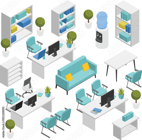 Office interior vector illustration, workplace furniture desks computers chairs sofa shelves corporate workspace layout design