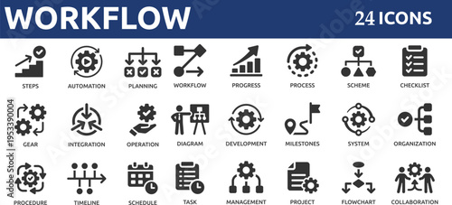 Workflow 24 icon set. Containing process, planning, progress, scheme, management, diagram, flowchart and more. Solid vector icons
