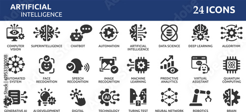 Artificial intelligence 24 icon set. Containing machine learning, data science, AI, virtual assistant, generative AI, technology, Turing test and more. Solid vector icons