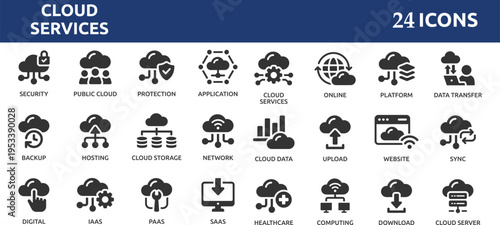 Cloud services 24 icon set. Cloud computing, storage, hosting, sync, data transfer, cloud server, network, online, SAAS, digital and more. Solid vector icons