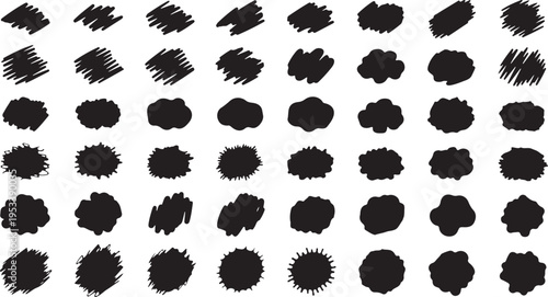 A collection of various black hand-drawn scribble shapes and circular textured brush stroke blobs