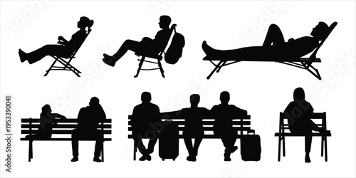 Silhouettes of people relaxing and waiting on chairs and benches on a white background vector illustration