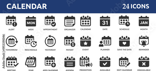 Calendar 24 icon set. Containing date, schedule, month, week, appointment, agenda, organization and event icons. Solid icons