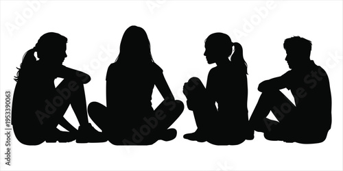 Silhouettes of four young people sitting on the ground in various poses on a white background children