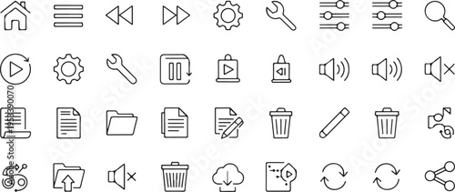 Collection of various minimalist black line interface icons for web and mobile software navigation