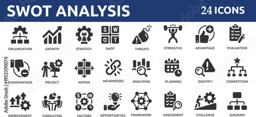 SWOT analysis 24 icon set. Containing strengths, weaknesses, opportunities, threats, advantage, assessment, framework, strategy, planning, project and more. Solid vector icons