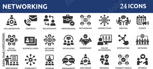 Networking 24 icon set. Containing network, connections, relationship, online networking, community, events and social network icons. Solid icons