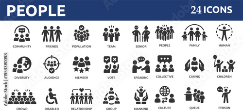 People 24 icon set. Containing group, family, human, team, community, friends, population and senior icons.