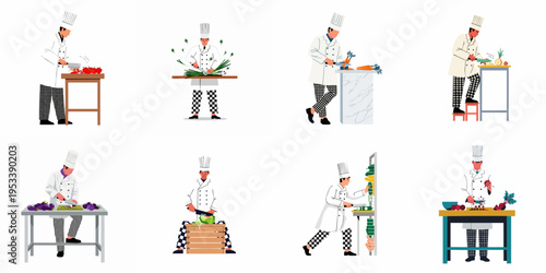 Set of professional chefs in uniform preparing and chopping fresh vegetables like peppers, onions, and carrots on various kitchen workstations.