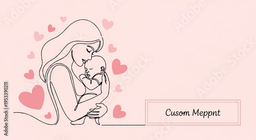 Tender mother holding baby surrounded by pink hearts on soft background