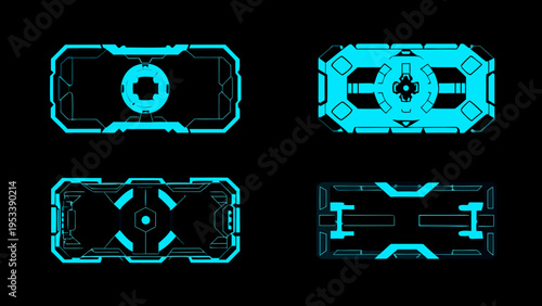 Futuristic blue interface elements displayed in a symmetrical arrangement