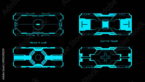 Futuristic interface elements with glowing cyan lines on a black background