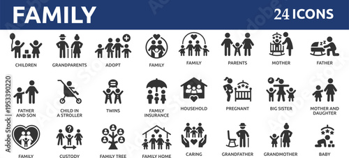 Family 24 icon set. Containing parents, mother, father, children, baby, grandparents and household icons