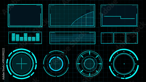 Futuristic user interface elements on a dark grid background