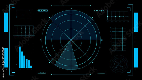 Futuristic radar screen display with blue neon elements on black background
