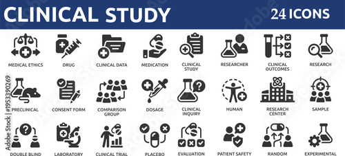 Clinical Study 24 icon set. Clinical trial, laboratory, researcher, consent form, medication, experimental, clinical data and more.
