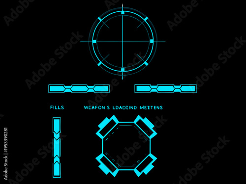 Blue futuristic heads up display elements with targeting reticle and weapon indicators