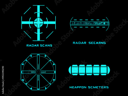 Abstract radar schematics and scans displayed in a futuristic cyan style